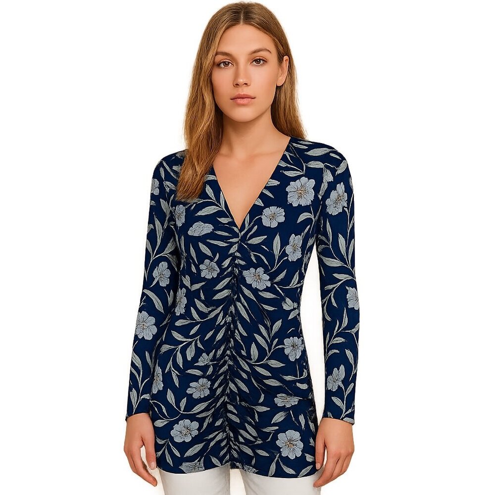 NWT White House Black Market Ruched Front Top Jacobean Bliss Twilight S #WHBM67